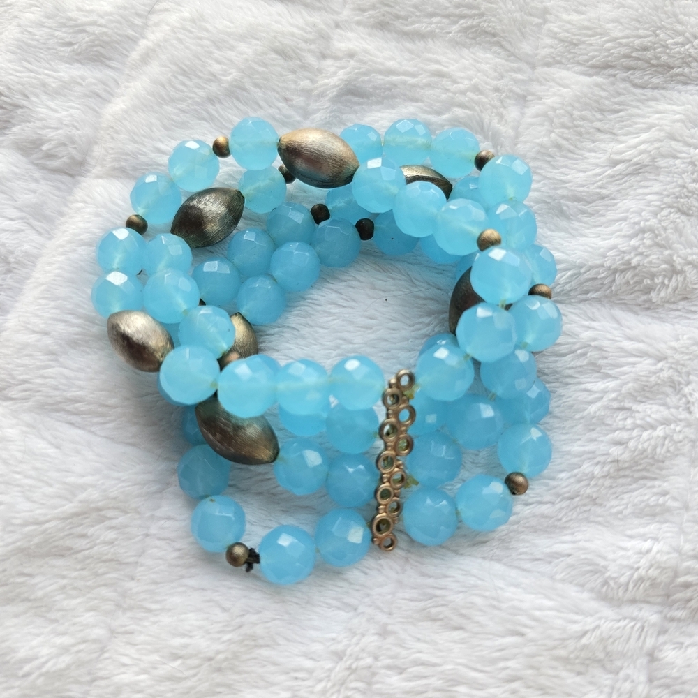 Free People Boho Beaded Bracelet Multi Layer Blue & Gold Stones Beads Elastic